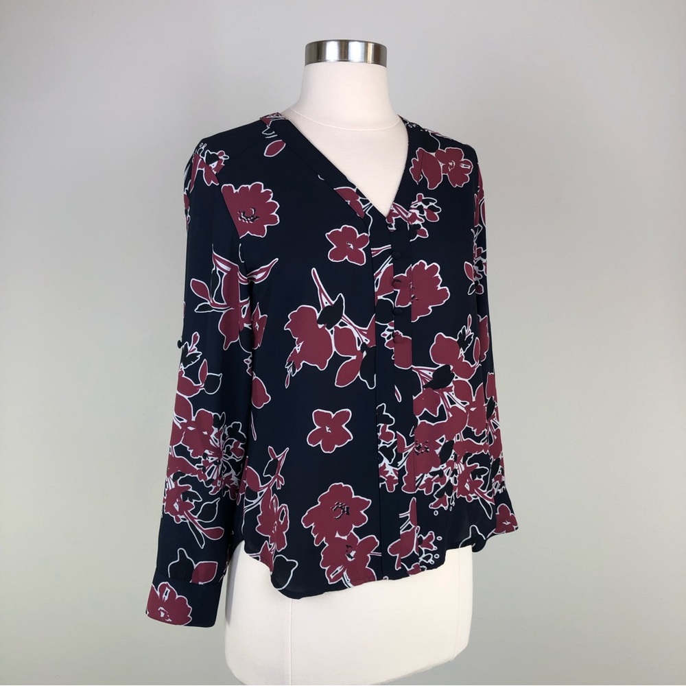 Express Size XS Petite Floral Long Sleeves Navy Blue Blouse